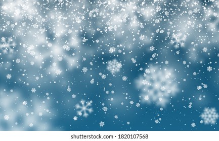 Christmas snow. Falling snowflakes on blue background. Snowfall. Vector illustration.