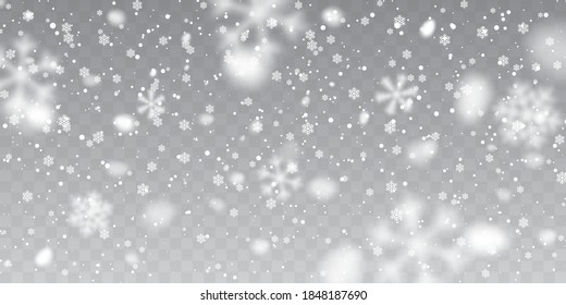 Christmas snow. Falling snowflakes on transparent background. Snowfall. Vector illustration.