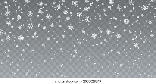 Christmas snow. Falling snowflakes on transparent background. Snowfall. Vector illustration.
