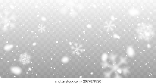 Christmas snow. Falling snowflakes on transparent background. Snowfall. Vector illustration.