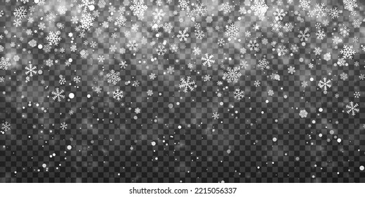 Christmas snow. Falling snowflakes on transparent background. Snowfall. Vector illustration.