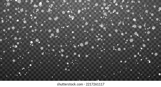 Christmas snow. Falling snowflakes on transparent background. Snowfall. Vector illustration.
