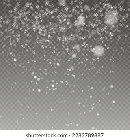 Christmas snow. Falling snowflakes on transparent background. Snowfall. Vector illustration.