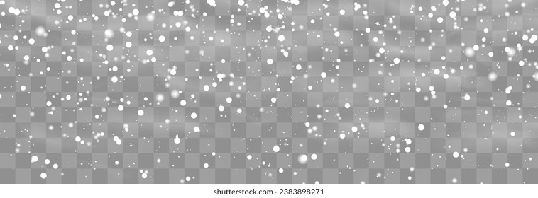 Christmas snow. Falling snowflakes on png background. Vector heavy snowfall. White snowflakes flying in the air. Snow flakes, snow and blizzard. Vector illustration isolated on transparent.