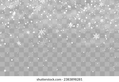 Christmas snow. Falling snowflakes on png background. Vector heavy snowfall. White snowflakes flying in the air. Snow flakes, snow and blizzard. Vector illustration isolated on transparent.