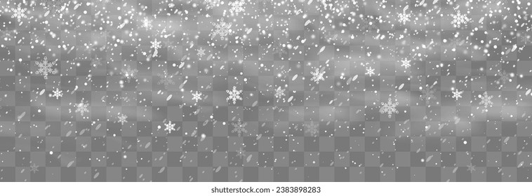 Christmas snow. Falling snowflakes on png background. Vector heavy snowfall. White snowflakes flying in the air. Snow flakes, snow and blizzard. Vector illustration isolated on transparent.