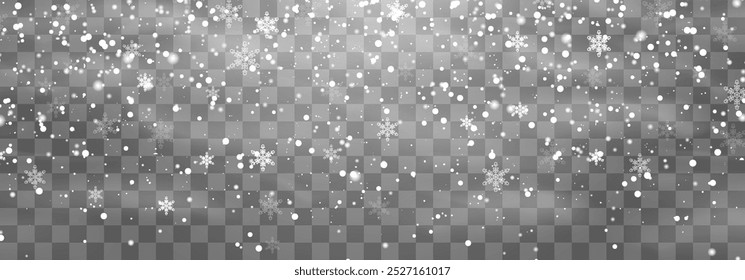 Christmas snow. Falling snowflakes on png background. Vector heavy snowfall. White snowflakes flying in the air. Snow flakes, snow and blizzard. Vector illustration isolated on transparent.