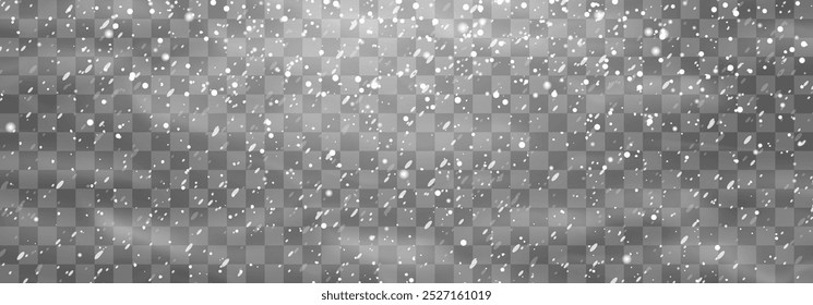 Christmas snow. Falling snowflakes on png background. Vector heavy snowfall. White snowflakes flying in the air. Snow flakes, snow and blizzard. Vector illustration isolated on transparent.