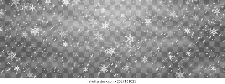 Christmas snow. Falling snowflakes on png background. Vector heavy snowfall. White snowflakes flying in the air. Snow flakes, snow and blizzard. Vector illustration isolated on transparent.