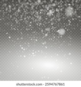 Christmas snow. Falling snowflakes on transparent background. Snowfall. Vector illustration.