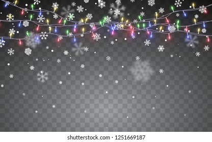 Christmas snow. Falling white snowflakes on dark background. Xmas Color garland, festive decorations. Glowing christmas lights. Vector snowfall, snowflakes flying in winter air.