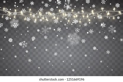 Christmas snow. Falling white snowflakes on dark background. Xmas Color garland, festive decorations. Glowing christmas lights. Vector snowfall, snowflakes flying in winter air.