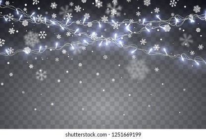 Christmas snow. Falling white snowflakes on dark background. Xmas Color garland, festive decorations. Glowing christmas lights. Vector snowfall, snowflakes flying in winter air.
