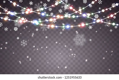 Christmas snow. Falling white snowflakes on dark background. Xmas Color garland, festive decorations. Glowing christmas lights. Vector snowfall, snowflakes flying in winter air.