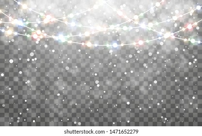 Christmas snow. Falling white snowflakes on dark background. Xmas Color garland, festive decorations. Glowing christmas lights. Vector snowfall, snowflakes flying in winter air.