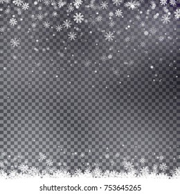 Christmas Snow Flake Border Vector, Isolated Dark Background. Snowflake Transparent Decoration Effect. Xmas  Falling Snow Pattern. Magic White Snowfall Texture. Winter Snowstorm Backdrop Illustration.