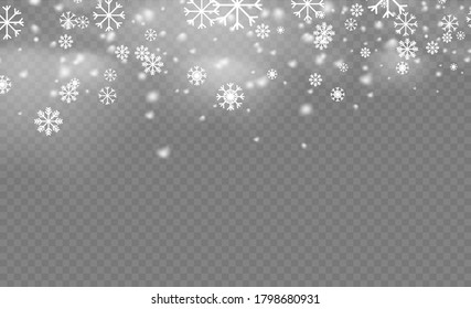 Christmas snow flake pattern. Snowfall, snowflakes in different shapes and forms. Many white cold flakes elements on transparent background. Magic white snowfall texture. Vector illustration.