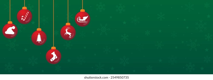 Christmas snow flakes with red and gold balls with white deer, hat, sock, cart icons with green banner template for cover, background, flyer, events, posters