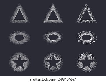 Christmas snow frames in assorted shapes with a triangle, oval and star central pattern surrounded by scattered snow over black, vector illustration