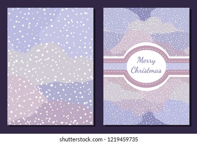 Christmas snow gently postcard in frozen winter colours with snowfall. Merry Christmas card. Simple flat style.