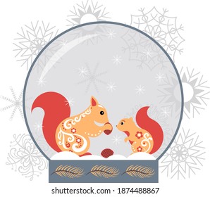 Christmas snow glass ball with squirrels. Scandinavian style. Design card, t-shirt, nursery art.  