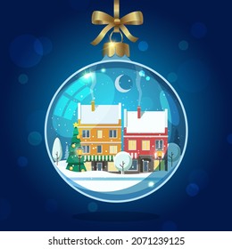 Christmas snow glass globe with houses, Christmas tree, and falling snow.
Vector illustration