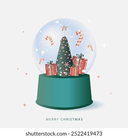 Christmas snow glass globe. Xmas tree and gift boxes inside. Vector illustration.