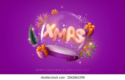Christmas snow glass winter ball. Xmas text letter. Happy new year and Merry Christmas festive design. Realistic 3d elements, gift box, gold snowflake, green tree, bokeh lights. Vector illustration