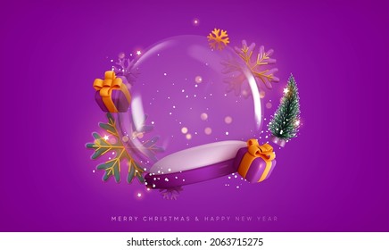 Christmas snow glass winter ball. Template round podium studio space for objects festive design. Realistic 3d elements, gift box, gold snowflake, Xmas green tree, bokeh lights. Vector illustration