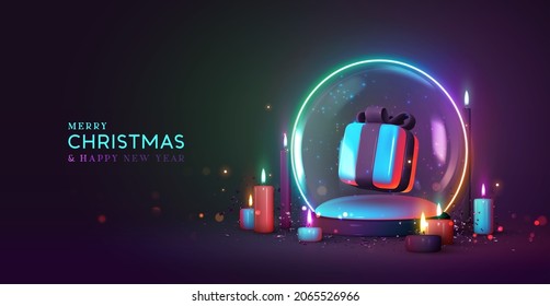 Christmas Snow Glass Winter Ball. Template Round Podium Studio Space For Objects Festive Design. Realistic 3d Elements, Gift Box, Xmas Candle, Bokeh Lights. Neon Shade. Vector Illustration