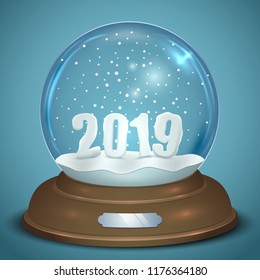 Christmas Snow Globe with 2019 New Year Figures and Falling Snowflakes Vector Template.