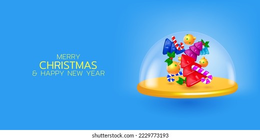 Christmas snow globe with 3d ornament, christmas trees and candy canes. Winter holiday vector illustration with 3d elements