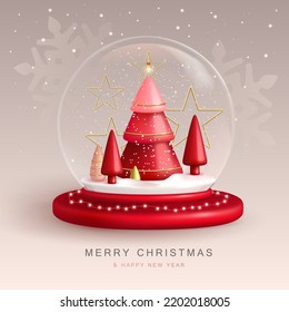 Nieve de Navidad en globo con árbol de Navidad plástico 3D. Feliz Navidad y feliz tarjeta de saludo de Año Nuevo. Ilustración del vector