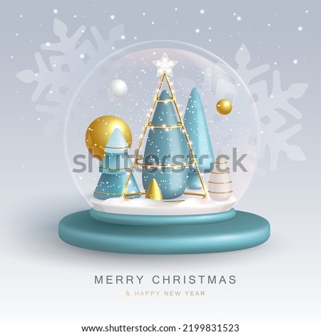 Christmas snow globe with 3D plastic Christmas tree. Merry Christmas and Happy new Year holiday greeting card. Vector illustration