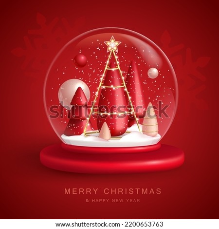 Christmas snow globe with 3D plastic Christmas tree. Merry Christmas and Happy new Year holiday greeting card. Vector illustration