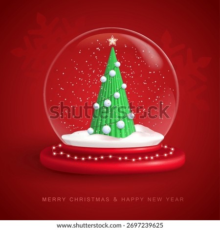 Christmas snow globe with 3D plastic Christmas tree. Merry Christmas and Happy new Year holiday greeting card. Vector illustration