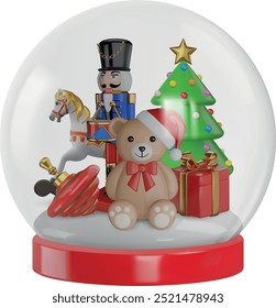 christmas snow globe with 3d realistic elements. 3d isolated snowglobe with toys and christmas tree