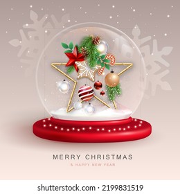 Christmas snow globe with 3D star and decoration. Merry Christmas and Happy new Year holiday greeting card. Vector illustration