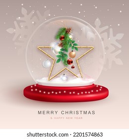 Christmas snow globe with 3D star and decoration. Merry Christmas and Happy new Year holiday greeting card. Vector illustration