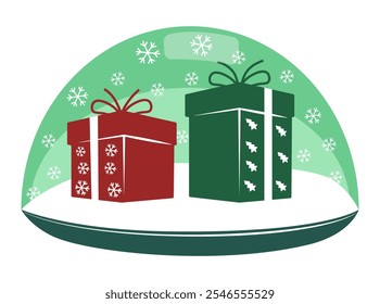 Navidades de diseño abstracto de globo de nieve. Cajas de regalo dentro de un globo de nieve de vidrio. Ilustración vectorial aislada en un fondo blanco.  