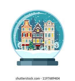 Christmas Snow Globe With Amsterdam Houses. Isolated Vector Illusrtation