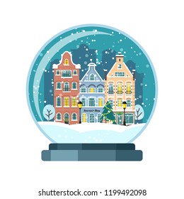 Christmas snow globe with Amsterdam houses. Isolated vector illusrtation