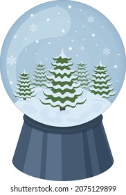 Christmas snow globe. A snow ball with Christmas trees and snowflakes. A Christmas accessory. A festive toy. Vector illustration isolated on a white background