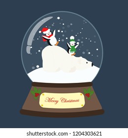 Christmas snow globe with bear on the blue background. Vector illustration