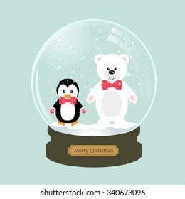 christmas snow globe with bear and penguin