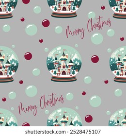 Christmas Snow Globe Castle Pattern. Merry Christmas snow globe castle seamless pattern for festive decor and holiday designs