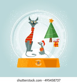 Christmas snow globe, cat and mouse. Christmas greeting card. Vector illustration.