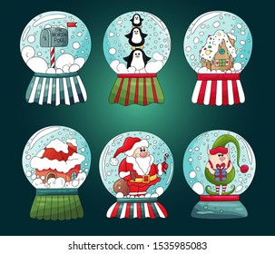 Christmas snow globe collection. Hand drawn snow ball icons isolated. Colorful many types Christmas and New Year decoration element. Santa Claus, gingerbread house, snowman, penguins, elf symbols.