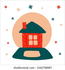 Christmas snow globe with a cozy house inside on a white background with a pattern of snowflakes in scandinavian hand drawn style. Vector illustration, one simple bright object, square format.