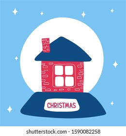 Christmas snow globe with a cozy house inside on a blue background with a pattern of snowflakes in scandinavian doodle style. Vector illustration, one simple bright object, square format.